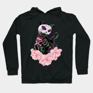 Day Of The Dead Sugar Skull Cat Pink Flowers Hoodie